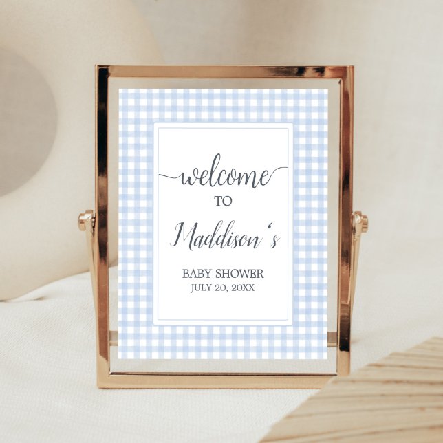 Affiche Accueil En vichy bleu classique (Boy Gingham Baby Shower Welcome Sign)