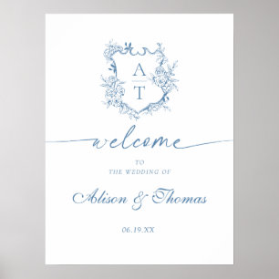 Affiche Accueil Mariage bleu monogramme classique
