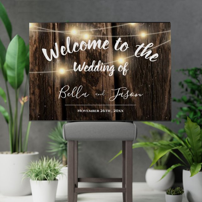 Affiche Accueil Mariage campagnard Rustique à cordes de bo (Rustic Wood String Lights Country Wedding Welcome Poster)