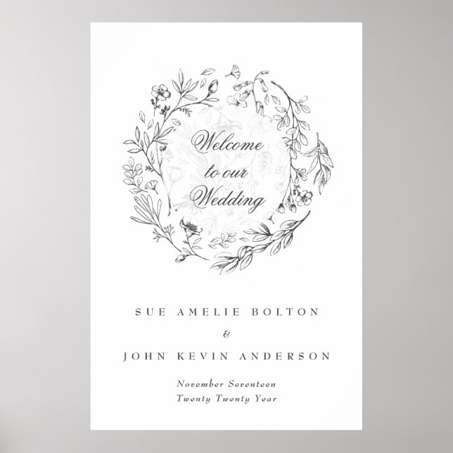 Affiche Accueil Mariage classique de fleurs botaniques (Devant)