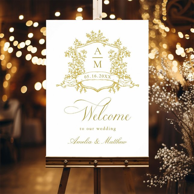 Affiche Accueil Mariage classique Floral Crest Gold (Créateur téléchargé)