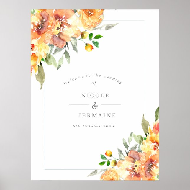 Affiche Accueil Mariage de automne Orange Fleurs (Devant)