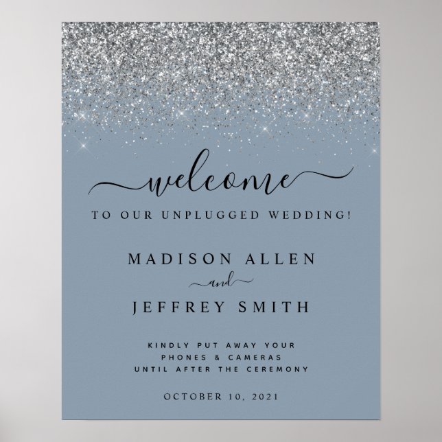 Affiche Accueil Mariage débranché bleu et argent Dusty (Devant)