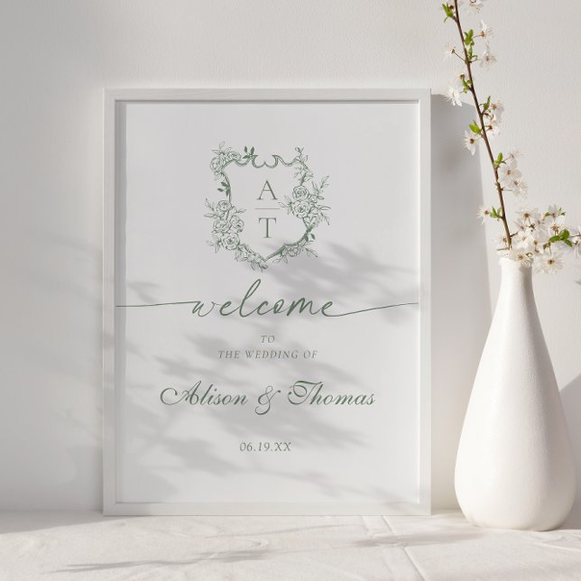 Affiche Accueil Mariage Monogram Sage Vert classique (Créateur téléchargé)