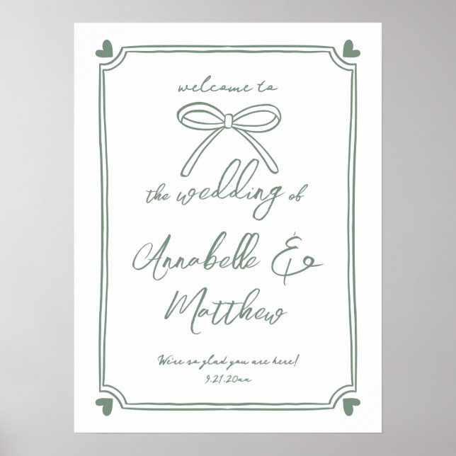 Affiche Accueil Mariage Whimsical de Bow vert tiré main (Devant)