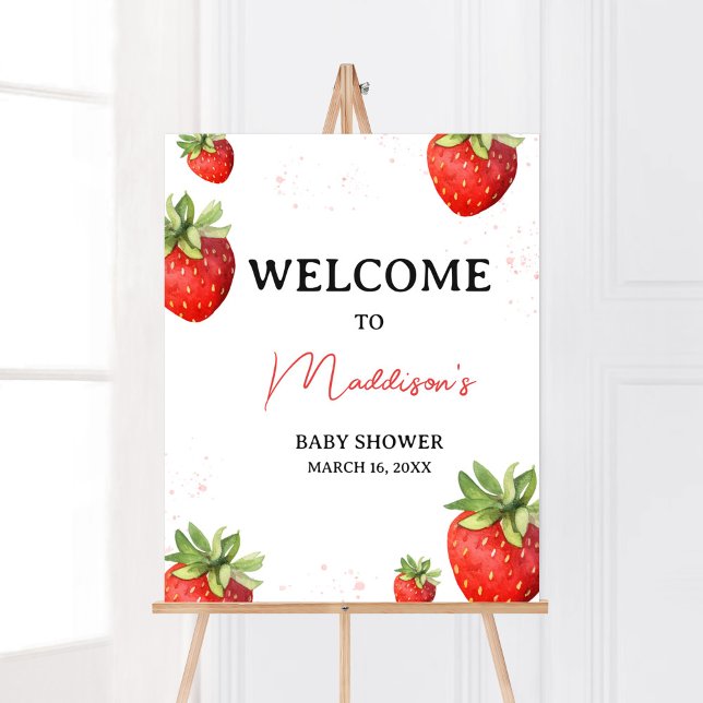 Affiche Accueil minimaliste de fraise rouge (Berry Sweet Baby Shower Welcome Sign)