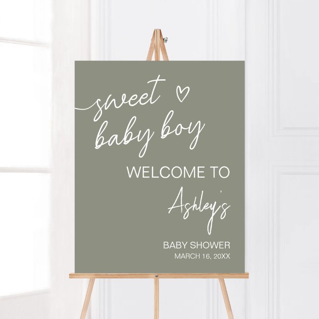 Affiche Accueil minimaliste Sage Green Boho (Sweet Baby Boy Boho Baby Shower Welcome Sign)
