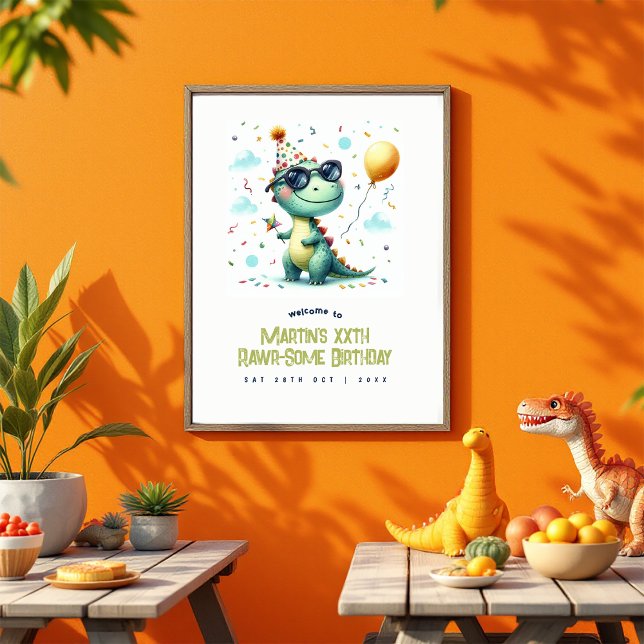 Affiche Accueil personnalisé Rawr-some Dinosaur Anniversai (Custom Rawr-Some Dinosaur Birthday Welcome Poster)