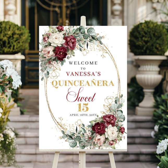 Affiche Accueil Quinceanera Or de Verdure de Bourgogne Boh (Bohemian Burgundy Greenery Gold Quinceanera Welcome Sign)