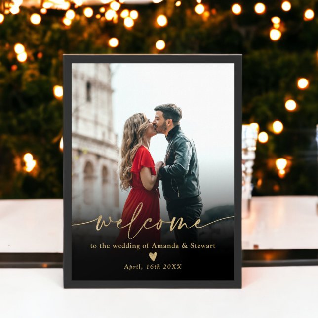 Affiche Accueil simple minimaliste mariage photo en or noi (Simple minimalist black gold photo wedding welcome poster)