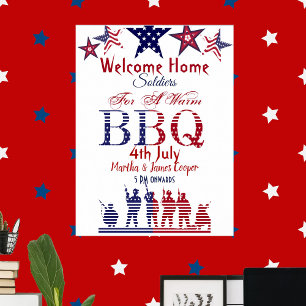 Affiche Accueil Soldats 4 juillet BBQ Red Blue Stars