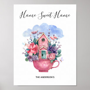 Affiche Accueil Sweet Home Aquarelle Coupe de thé rose