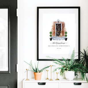 Affiche Accueil Sweet Home Aquarelle Rouge brique et porte