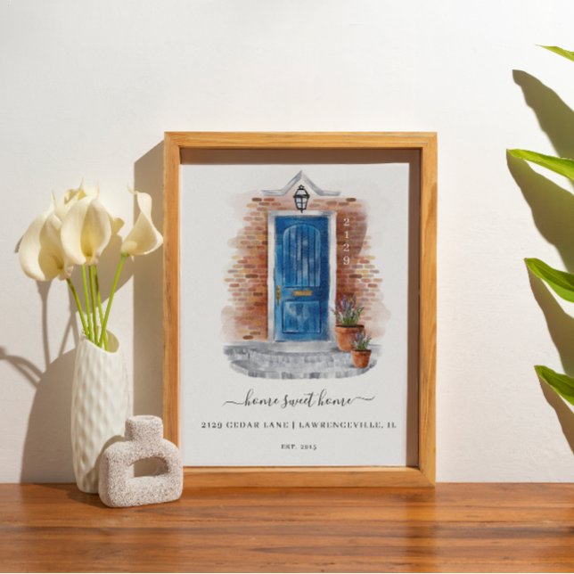 Affiche Accueil Sweet Home Aquarelle Rouge brique et porte (Home Sweet Home Watercolor Red Brick & Blue Door Poster)
