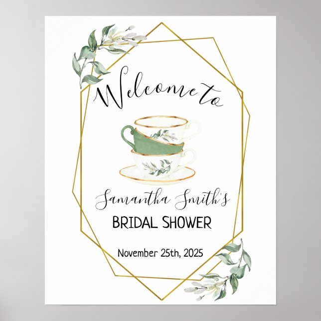 Affiche Accueil Tea nuptiale douche verte cadre or panneau (Devant)