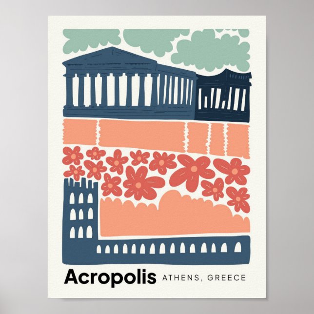 Affiche Acropole Athènes Grèce Voyage abstrait art floral (Devant)