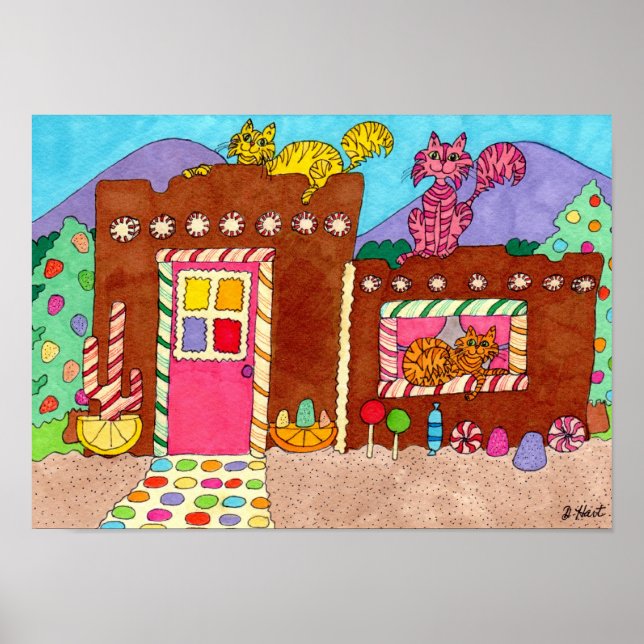 Affiche Adobe Gingerbread Maison avec chats Folk Art (Devant)