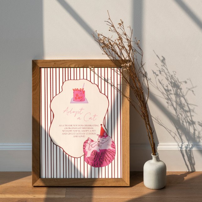 Affiche Adopt a Cat Pink Cake on Stripes Birthday Decor (Créateur téléchargé)