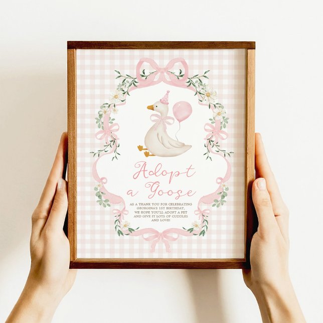 Affiche Adopt a Goose Pink Bow Gingham Birthday Decor Sign (Créateur téléchargé)