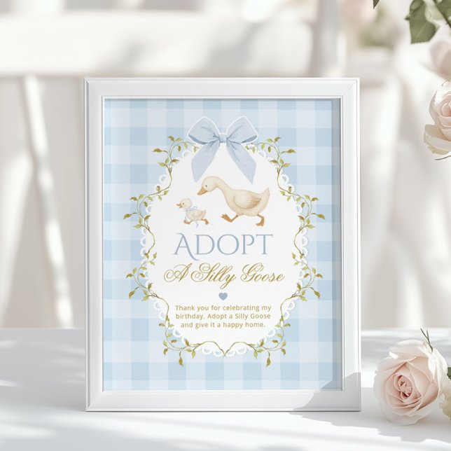 Affiche Adopt A Silly Goose Blue Gingham 1st Birthday (Créateur téléchargé)