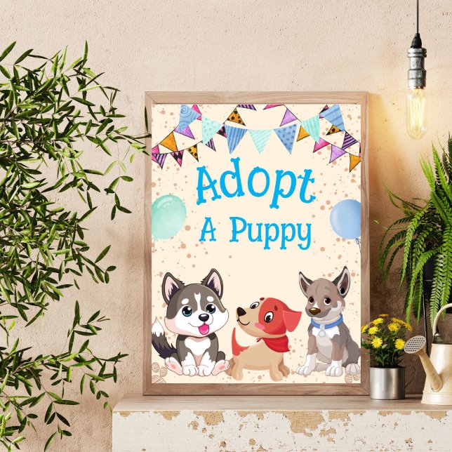 Affiche Adopter un signe de fête d'anniversaire de chiot (Adopt a puppy birthday party sign cute puppies blue writing party favor sign)