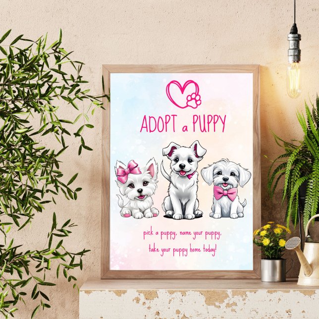 Affiche Adopter une fête de chiot signer de mignons chiots (Adopt a puppy party sign cute white puppies with pink bows dog themed party )