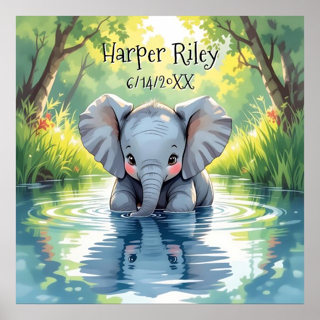 Affiche Adorable Baby Elephant and Reflection Personalized (Devant)