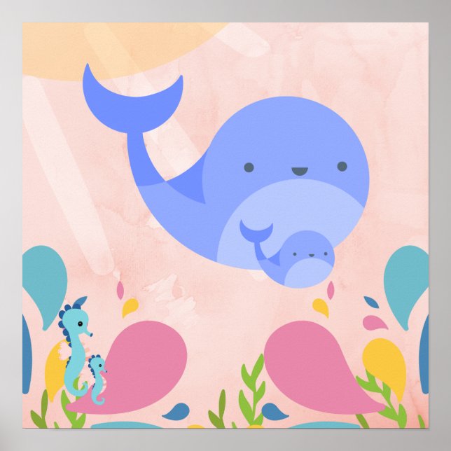 Affiche Adorable baleines bleues dans une scène océanique  (Devant)