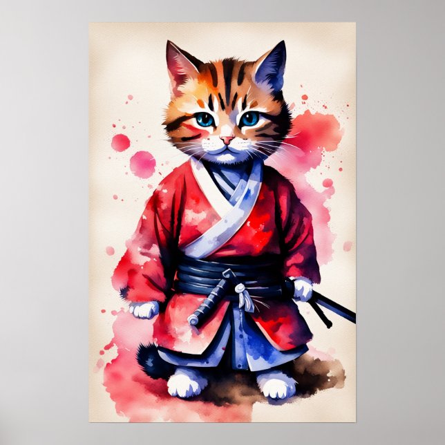 Affiche Adorable bébé chat samouraï art aquarelle (Devant)