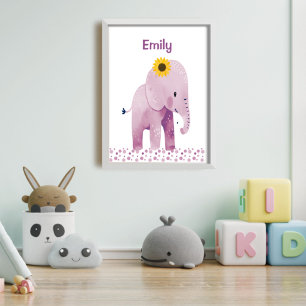 Affiche Adorable bébé éléphant avec nom pépinière