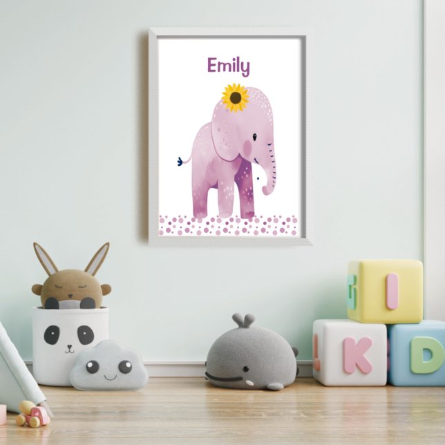 Affiche Adorable bébé éléphant avec nom pépinière (Créateur téléchargé)
