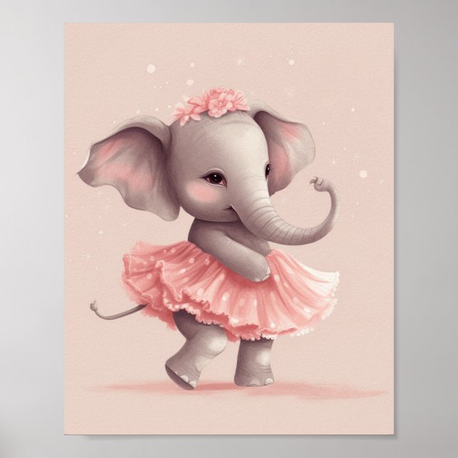 Affiche Adorable bébé éléphant rose avec robe à pois (Devant)