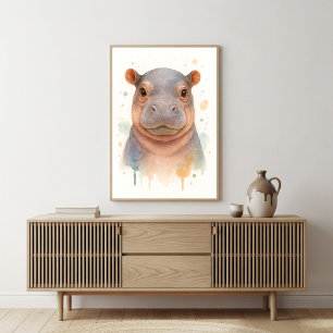 Affiche Adorable Bébé Hippopotame Art Aquarelle
