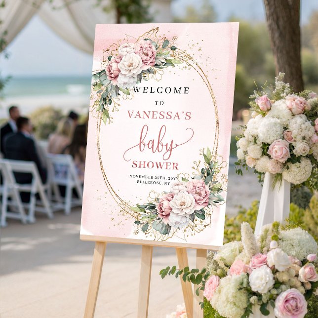 Affiche Adorable Blush Pink Floral Baby Shower Welcome Sig (Adorable Blush Pink Floral Baby Shower Welcome Sign)