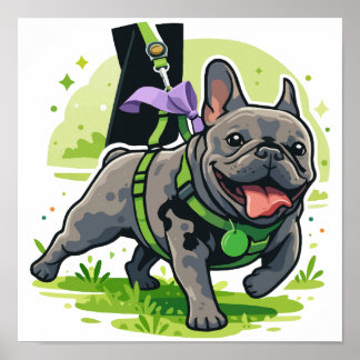 Affiche Adorable Bouledogue Français promenant dans le par