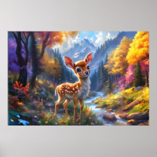 Affiche Adorable Cerf de Bébé dans une forêt enchantée