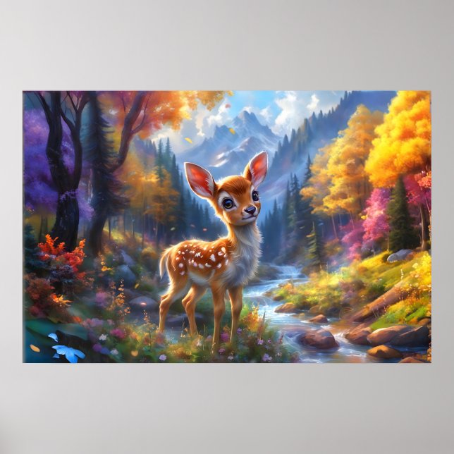 Affiche Adorable Cerf de Bébé dans une forêt enchantée (Devant)