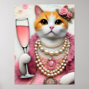Affiche Adorable Chat Rose Robe avec Perles avec Boire