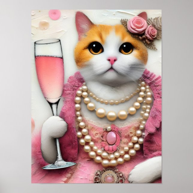 Affiche Adorable Chat Rose Robe avec Perles avec Boire (Devant)