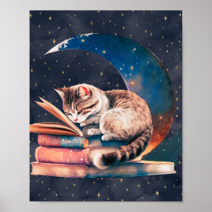 Affiche Adorable Chat sur la Lune Lire un livre