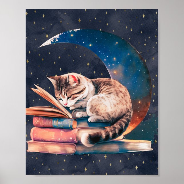 Affiche Adorable Chat sur la Lune Lire un livre (Devant)