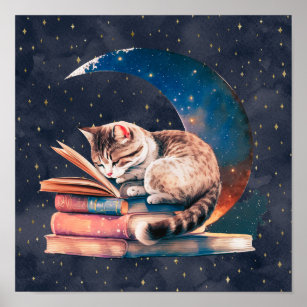 Affiche Adorable Chat sur la Lune Lire un livre