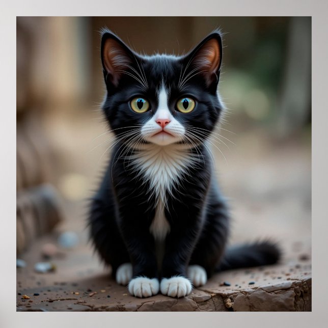 Affiche Adorable chaton noir et blanc assis à l'extérieur (Devant)
