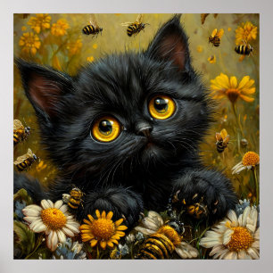 Affiche Adorable Chaton Noir Parmi les Fleurs