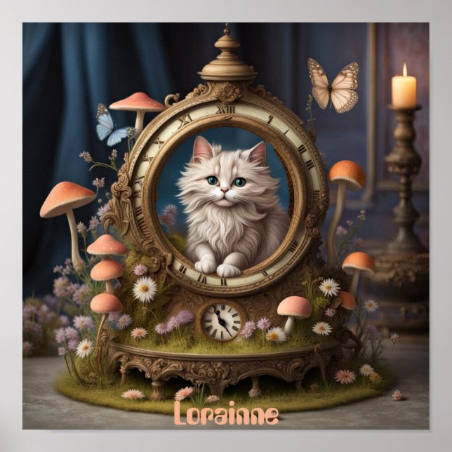 Affiche adorable chatte peluche en horloge, champignons, m (Devant)