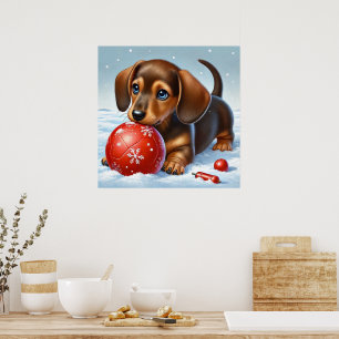 Affiche Adorable Chiot Dachshund Jouant Dans La Neige