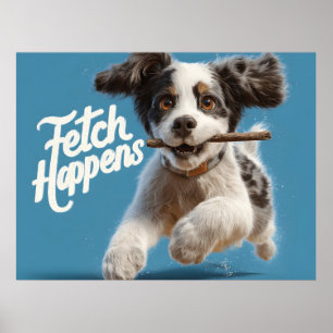 Affiche Adorable Chiot Mid-Air Courir avec un bâton