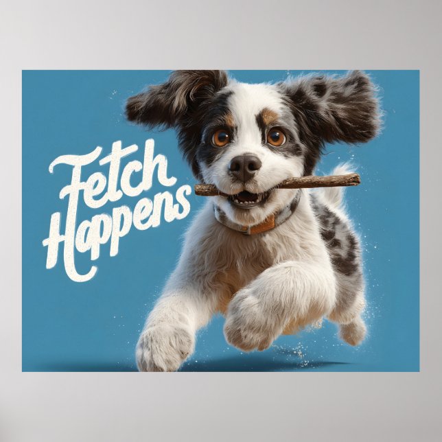 Affiche Adorable Chiot Mid-Air Courir avec un bâton (Devant)