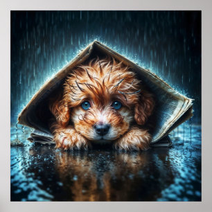 Affiche Adorable chiot mouillé sous abri de journal