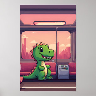 Affiche Adorable Dinosaure Vert en train au coucher du sol